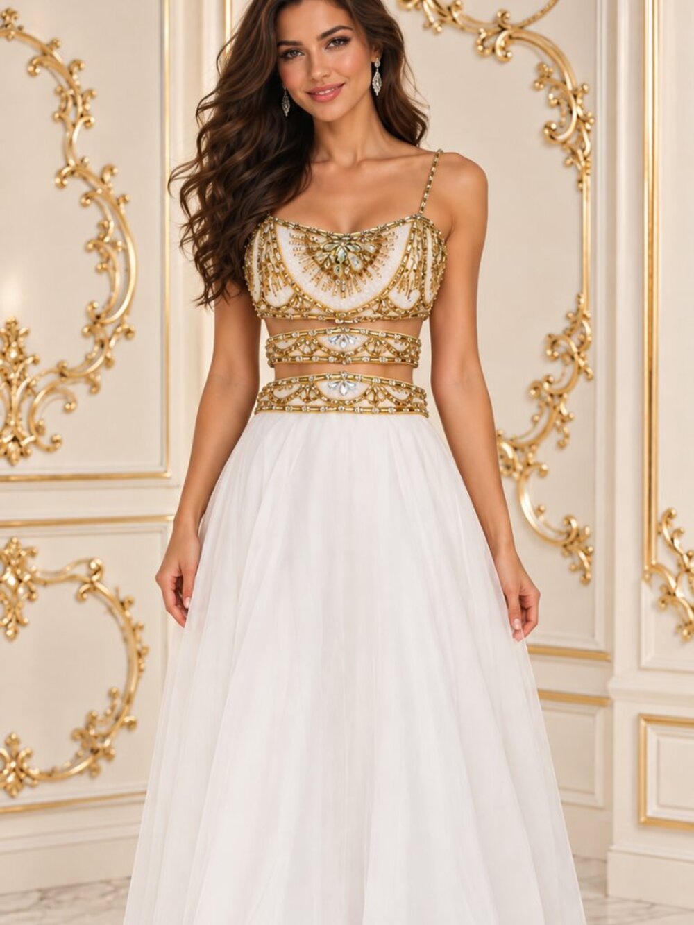 NWT Sherri Hill Ivory/Gold Chiffon Dress with Crystals, size 6